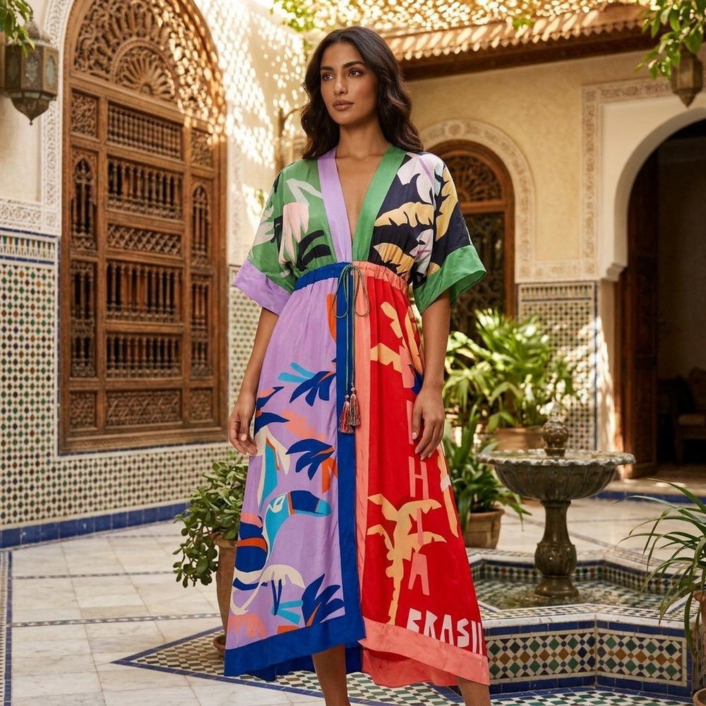 FARM Rio Dress XXS Mixed Print Toucan Palm Tree Colorblock V-Neck Brasil Viscose - Picture 2 of 15